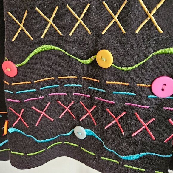 Onque Casuals Size XL Black Jacket Colorful Embroidery Knit Blazer Artsy Boho - Picture 3 of 10